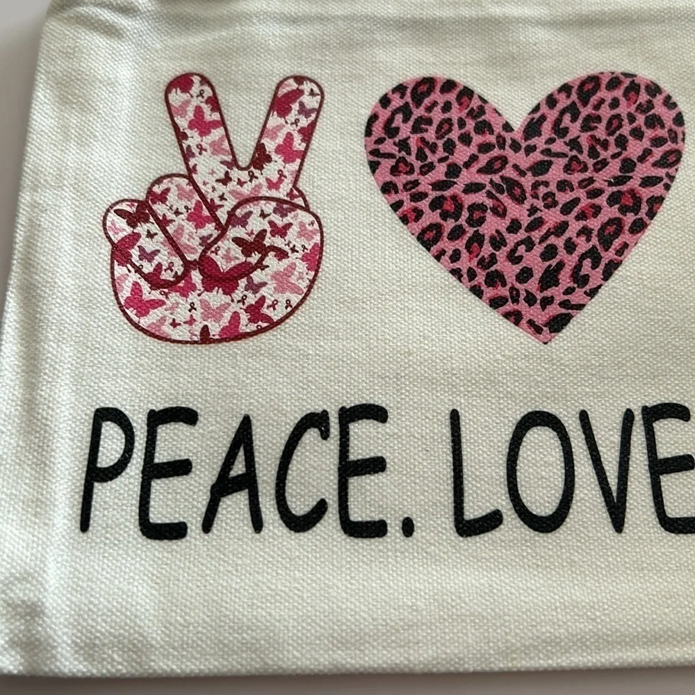 Breast Cancer Awareness Canvas Makeup Bag PEACE. LOVE. CURE / NEW